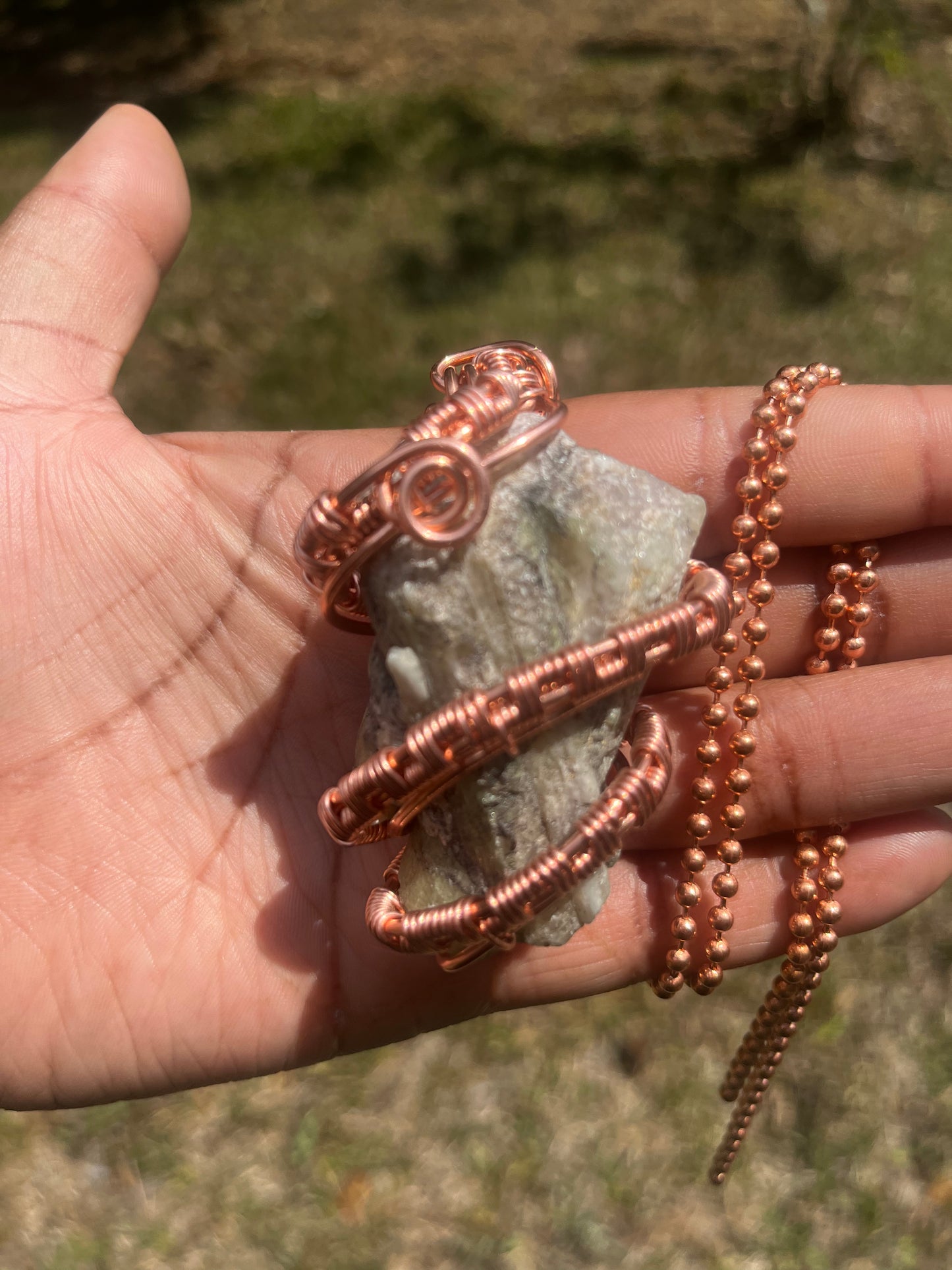 Copper Wrapped Green Tourmaline Pendant/ Copper Ball Chain