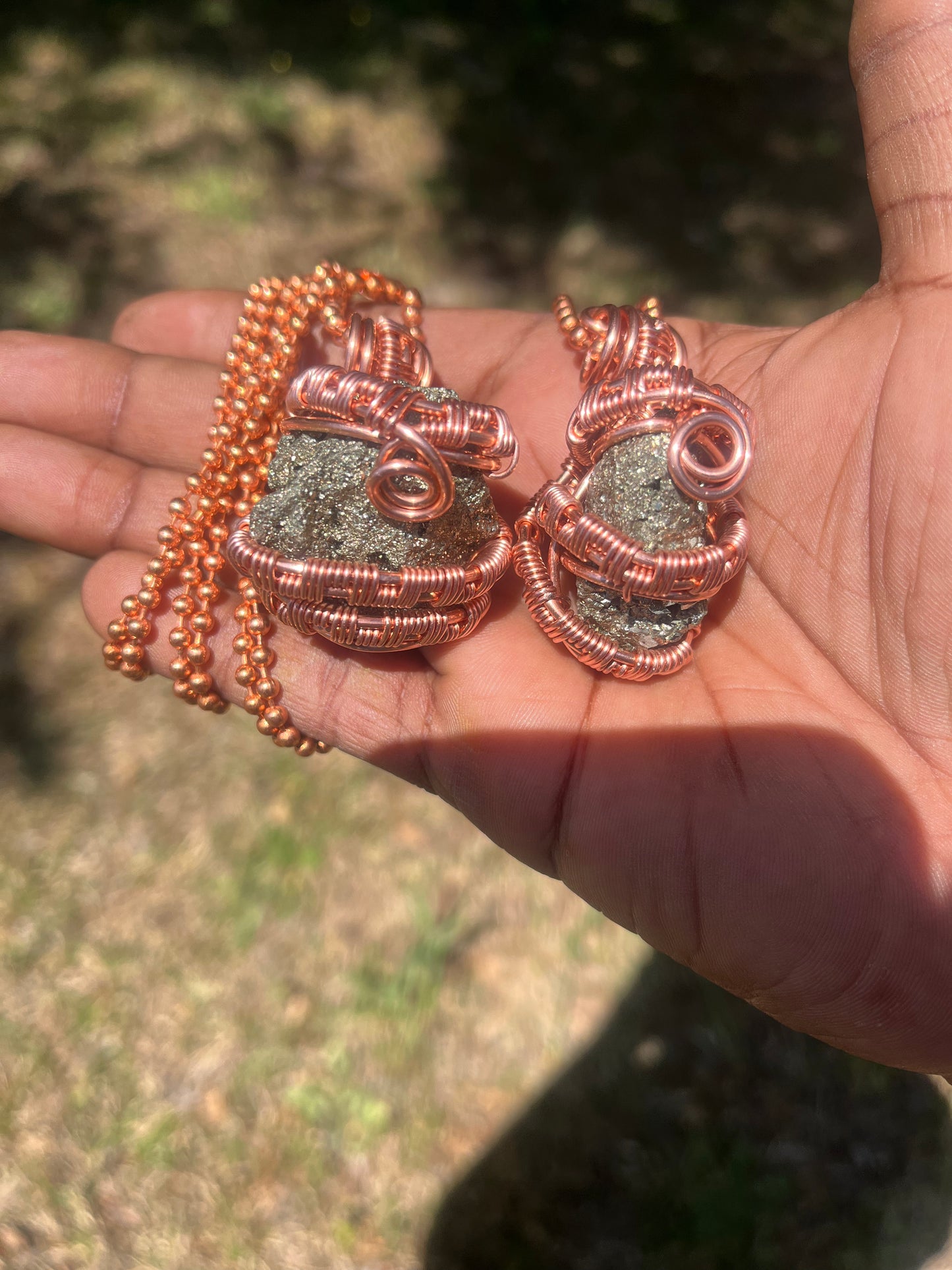 Copper Wrapped Pyrite Pendant/ Copper Ball Chain