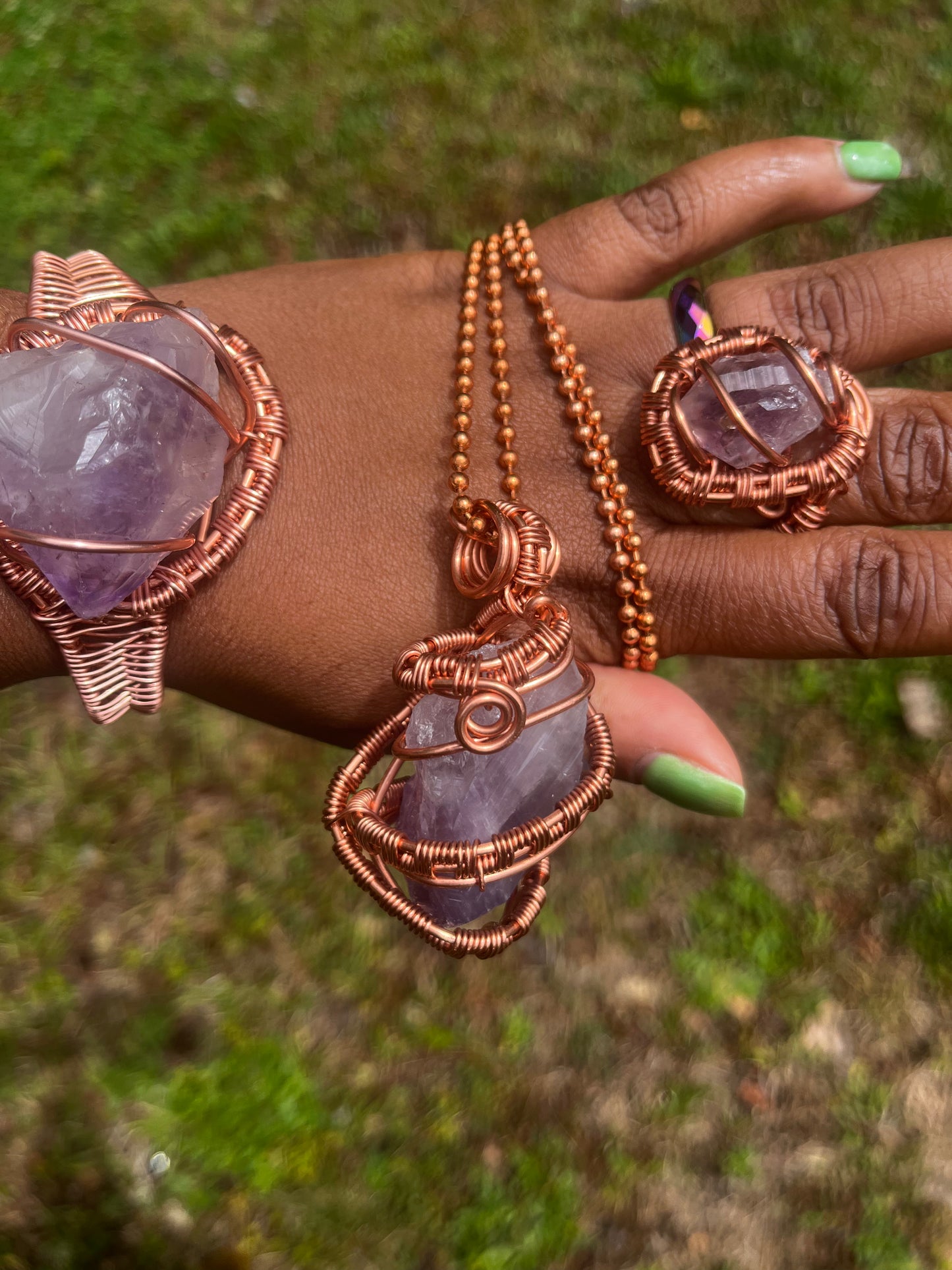 Copper Wrapped Amethyst Set/ Adjustable Ring and Bracelet