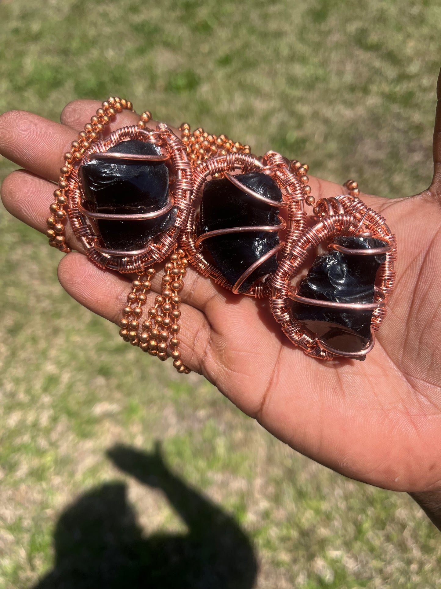 Copper Wrapped Raw Black Obsidian Pendants/ Copper Ball Chain