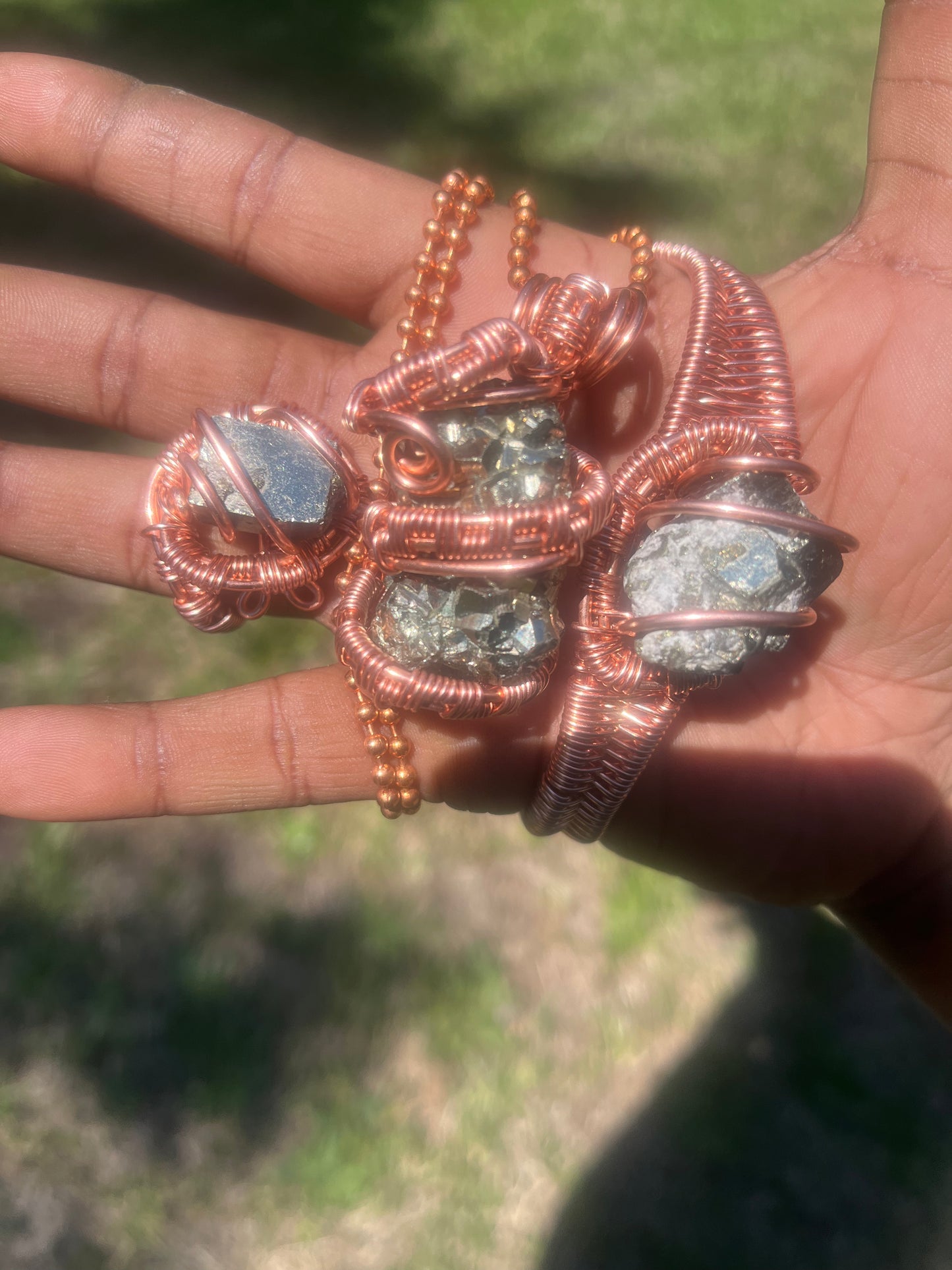 Copper Pyrite Set/ Adjustable Bracelet and Ring/ Copper ball Chain