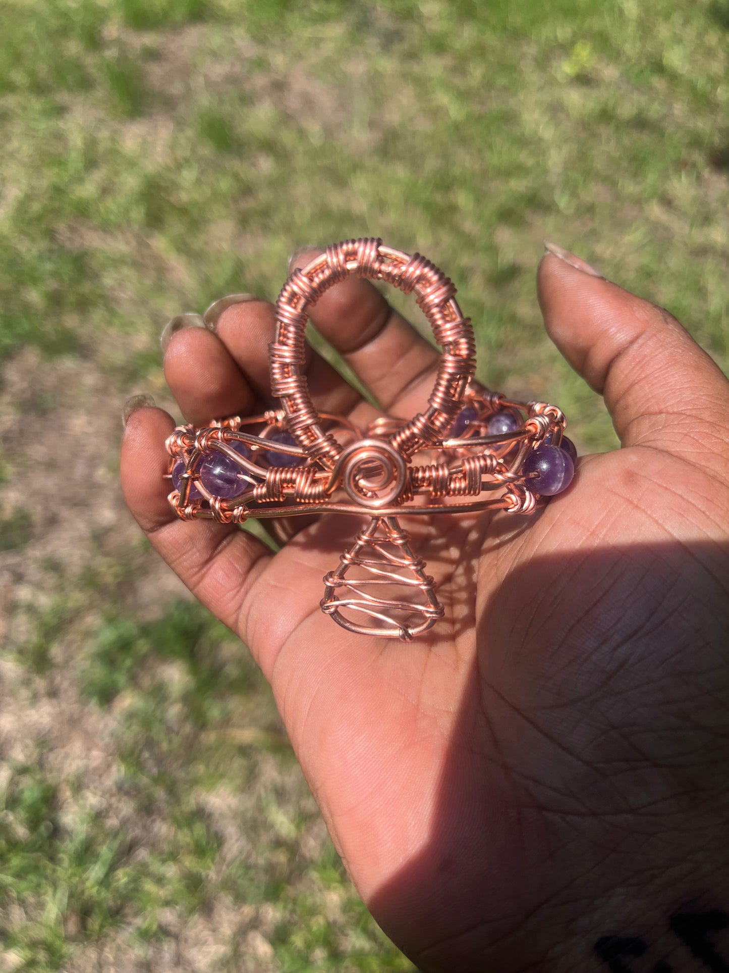 Copper Wrapped Amethyst Ankh/ Adjustable with Clasp