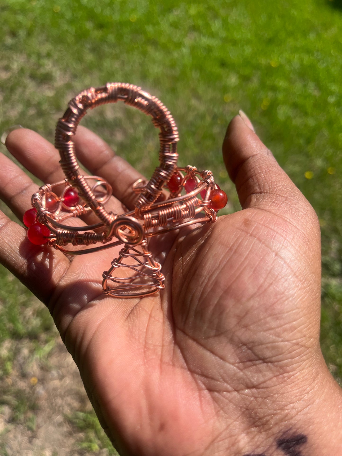 Copper Wrapped Carnelian Ankh Bracelet/ Adjustable with Clasp