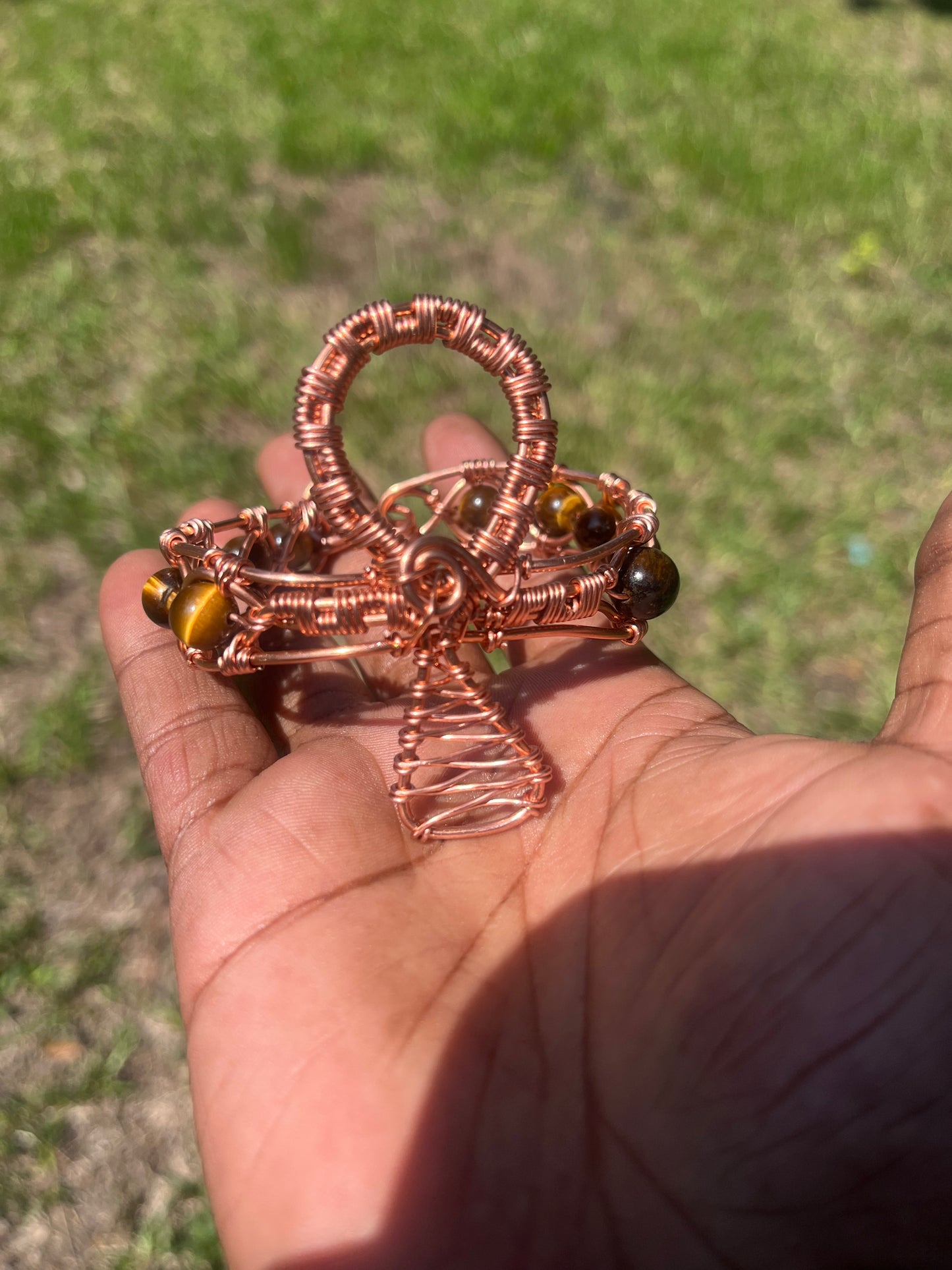 Copper Wrapped Gold Tigers Eye Ankh Bracelet/ Adjustable with Clasp