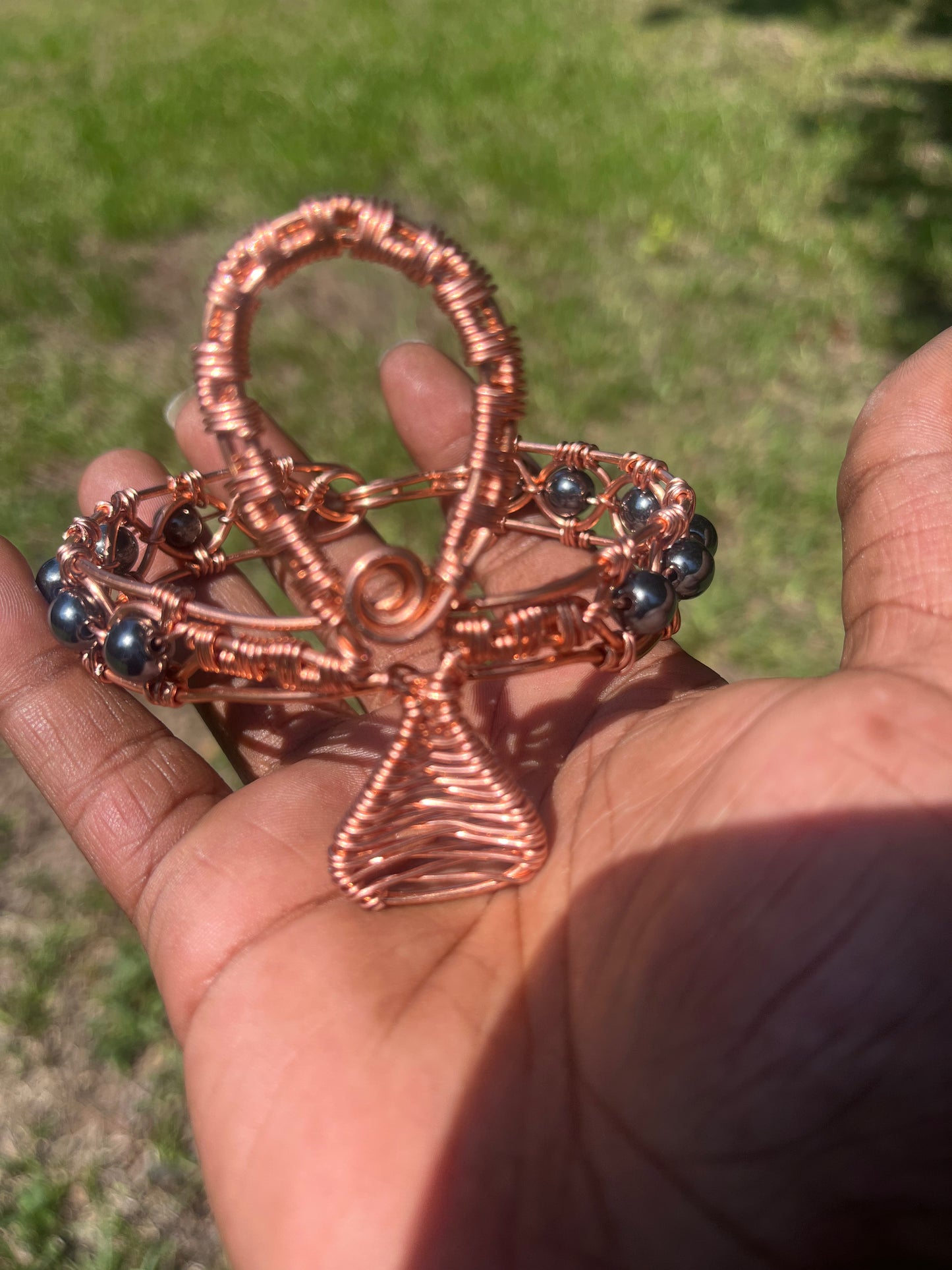 Copper Wrapped Hematite Ankh Bracelet/ Adjustable with Clasp