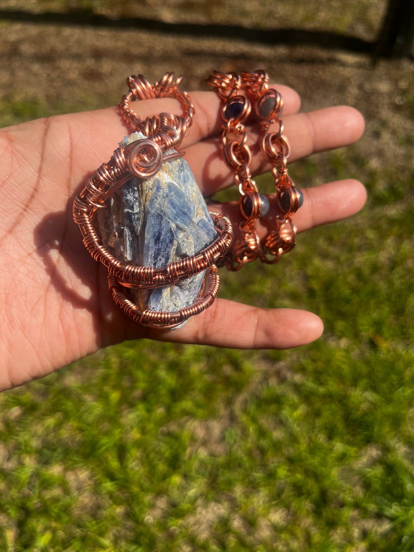 Copper Wrapped Blue Kyanite Chain/ Blue Aventurine Beads