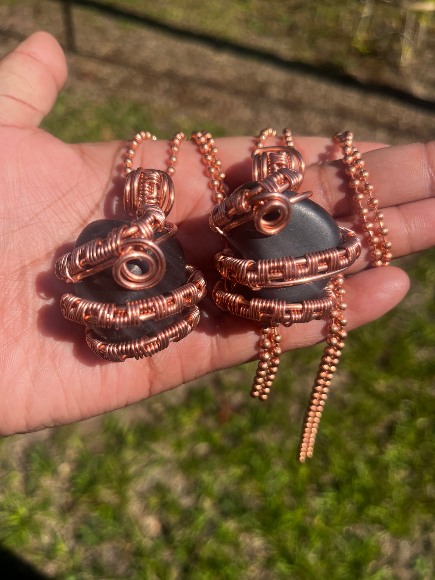 Copper Wrapped Shungite Pendant/ Copper Ball Chain