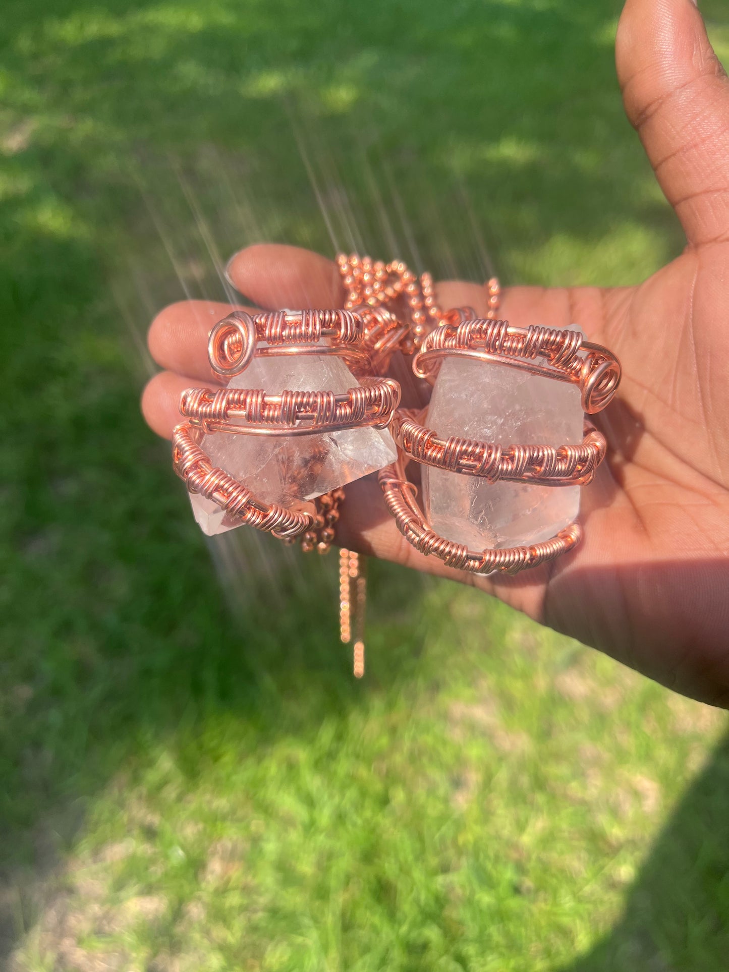 Copper Wrapped Clear Quartz Pendant/ Copper Ball Chain