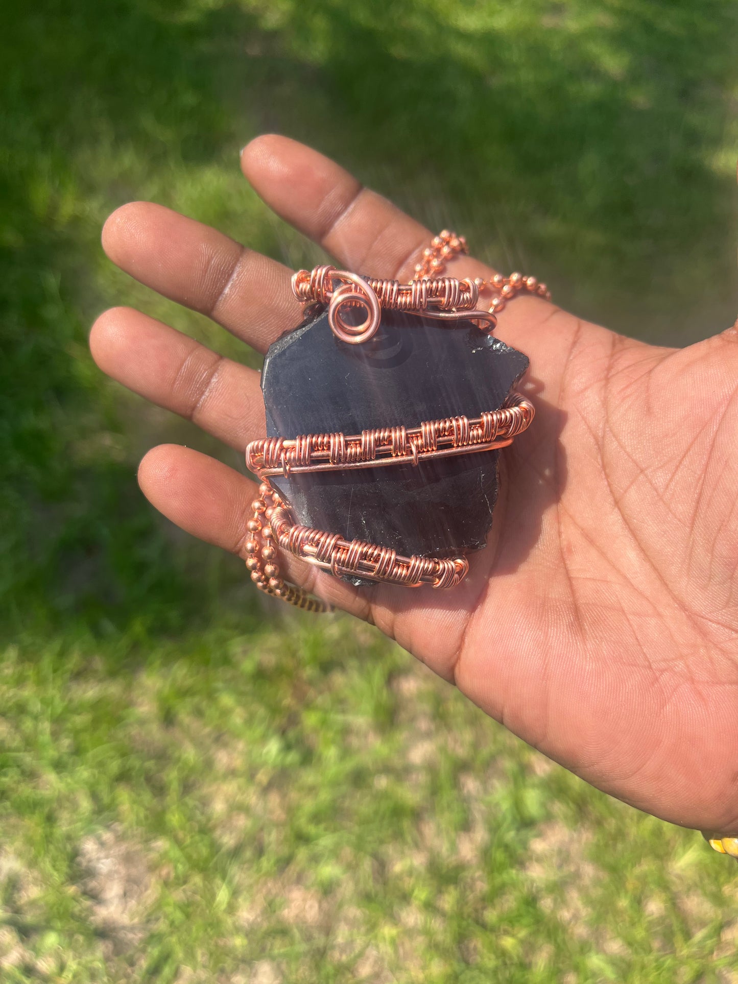Copper Wrapped Black Obsidian Pendant/ Copper Ball Chain