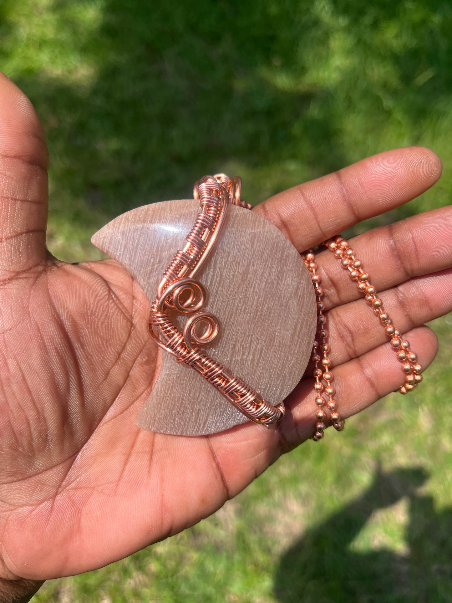 Copper Wrapped Moonstone Moon Pendant/ Copper Ball Chain