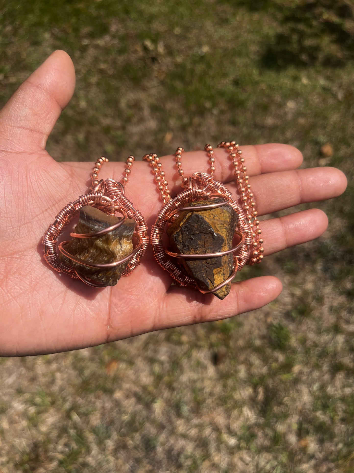 Copper Wrapped Raw Gold Tiger’s Eye Pendant/ Copper Ball Chain