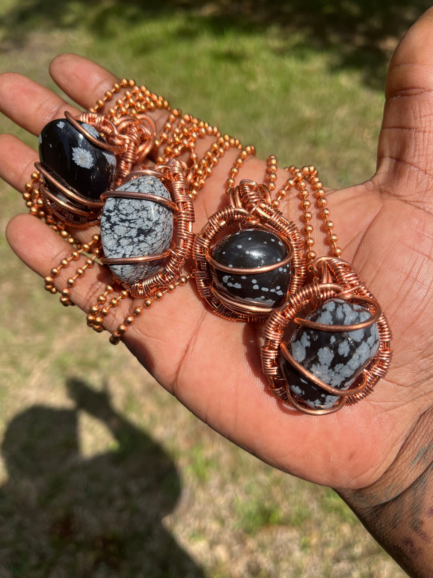 Snowflake Obsidian Pendant/ Copper Ball Chain