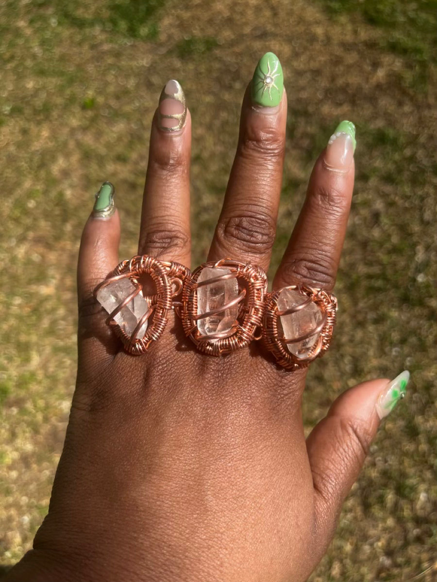 Copper Wrapped Clear Quartz Ring/ Adjustable