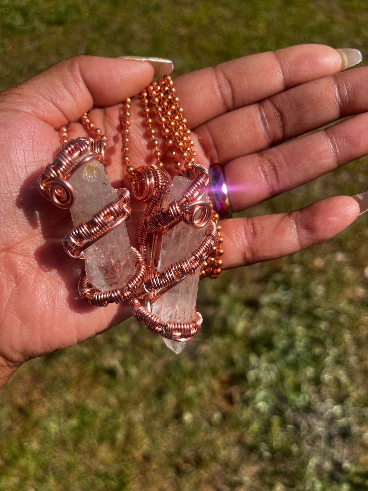 Copper Wrapped Clear Quartz Pendant/ Copper Ball Chain