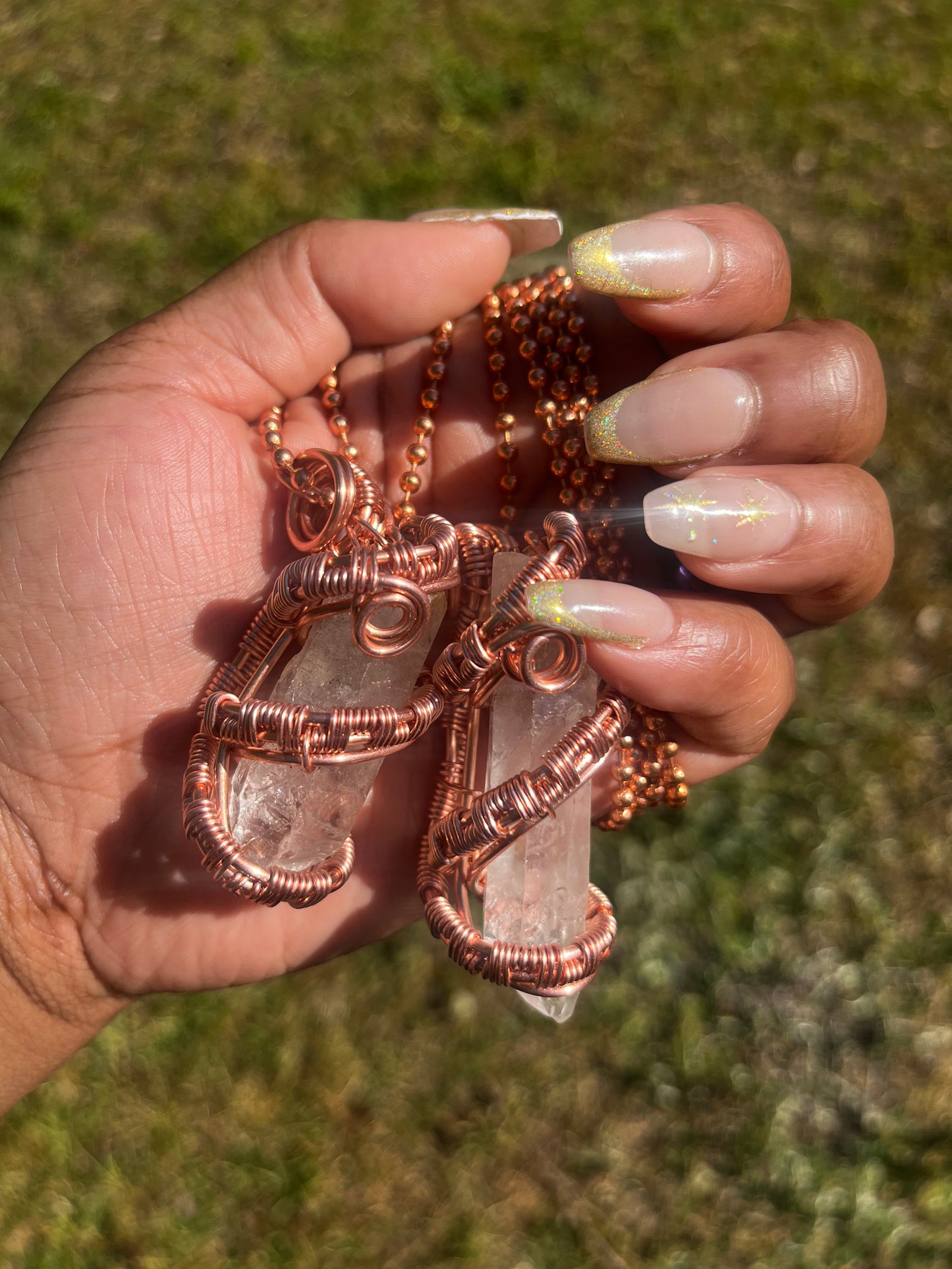 Copper Wrapped Clear Quartz Pendant/ Copper Ball Chain