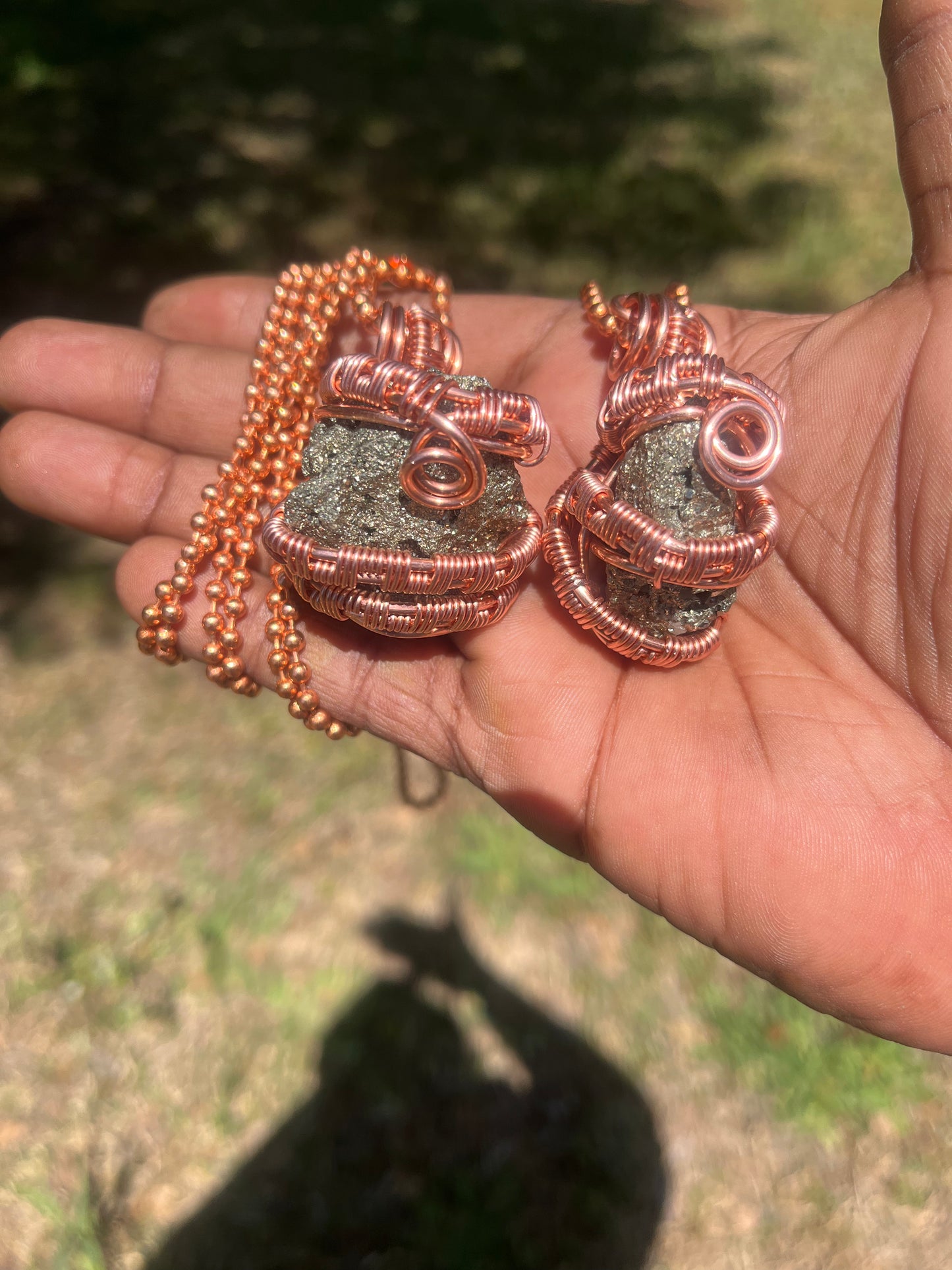 Copper Wrapped Pyrite Pendant/ Copper Ball Chain