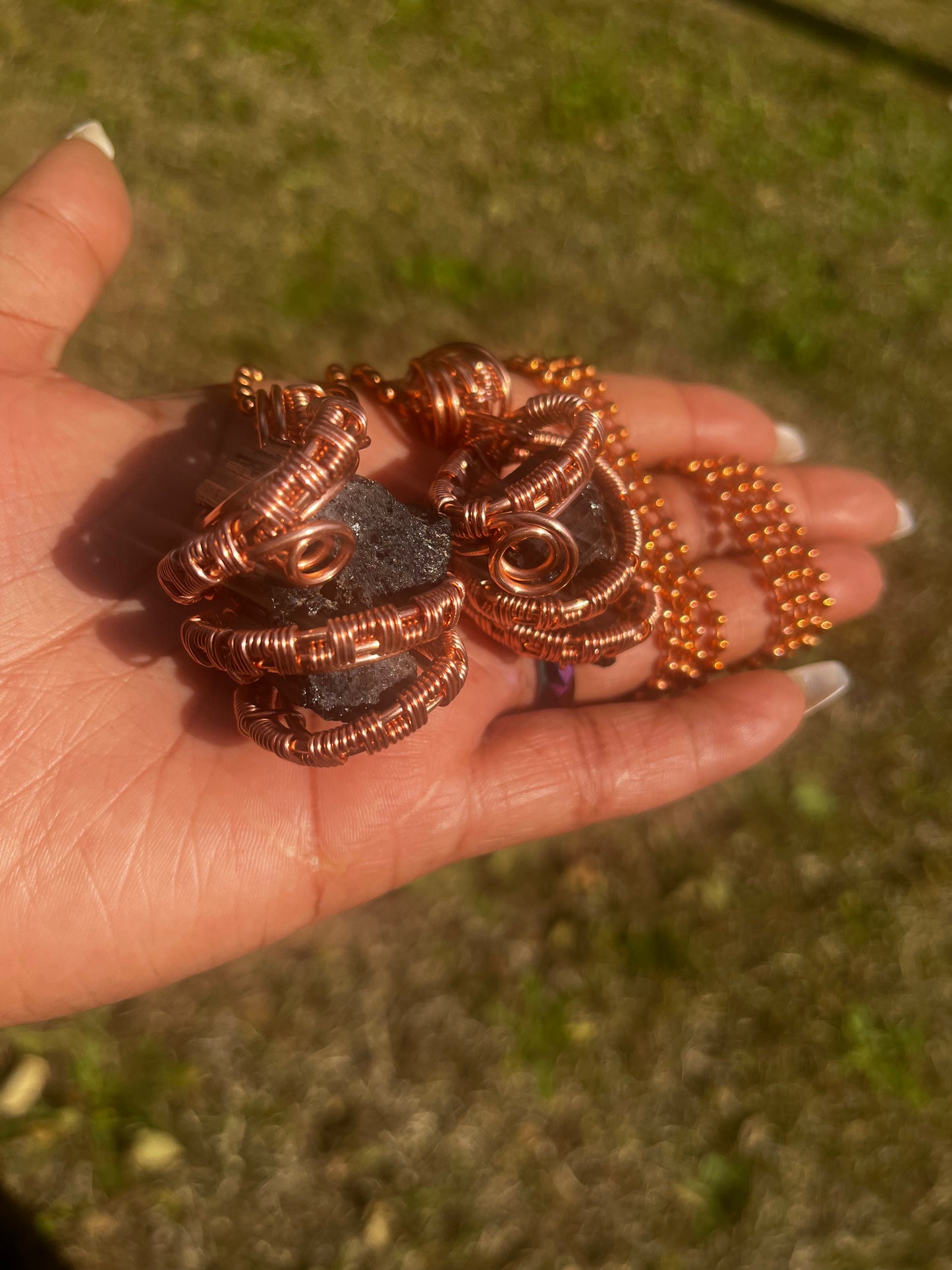 Copper Wrapped Black Tourmaline Pendant/ Copper Ball Chain