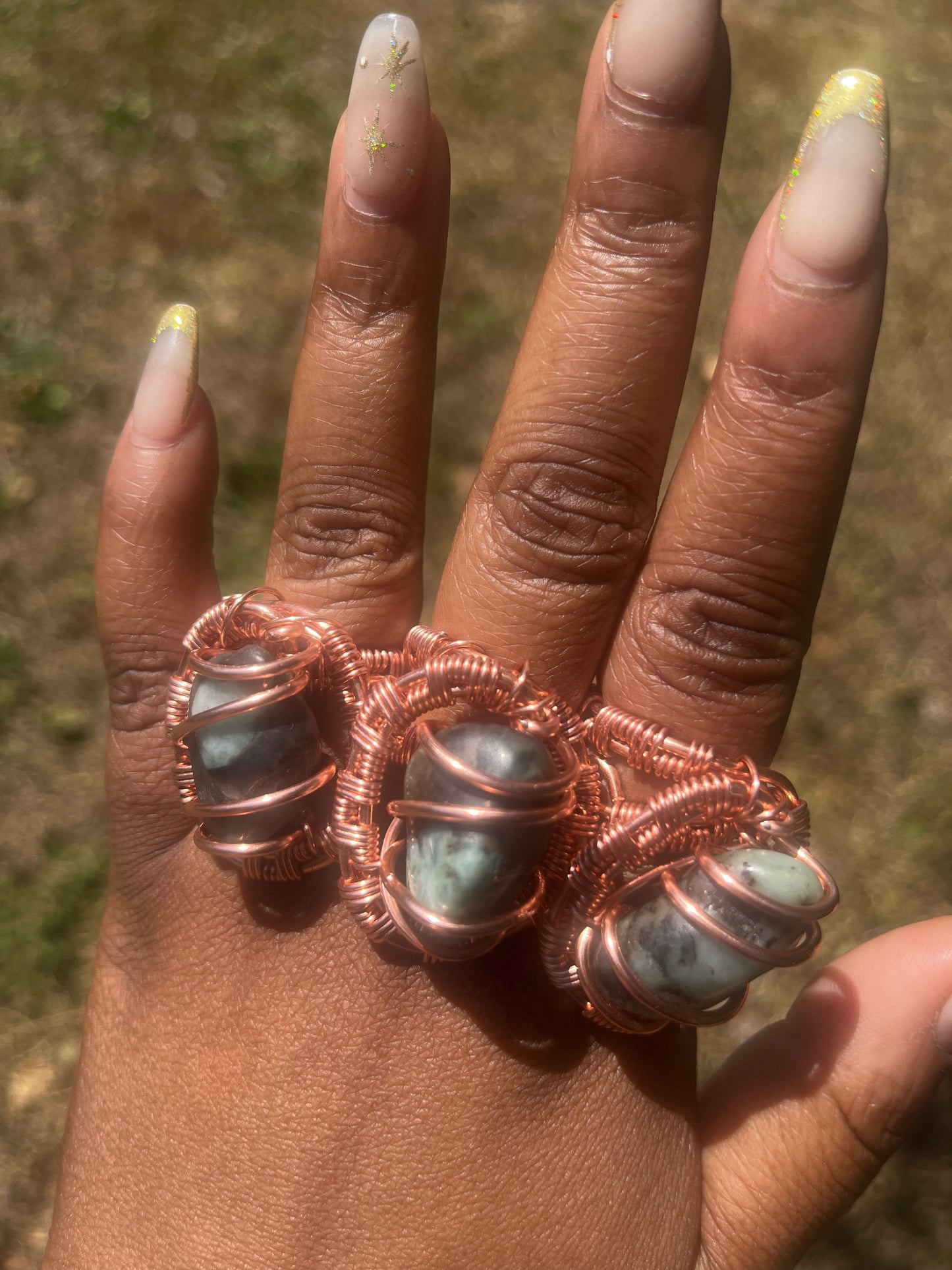 Copper Wrapped Emerald Ring/ Adjustable