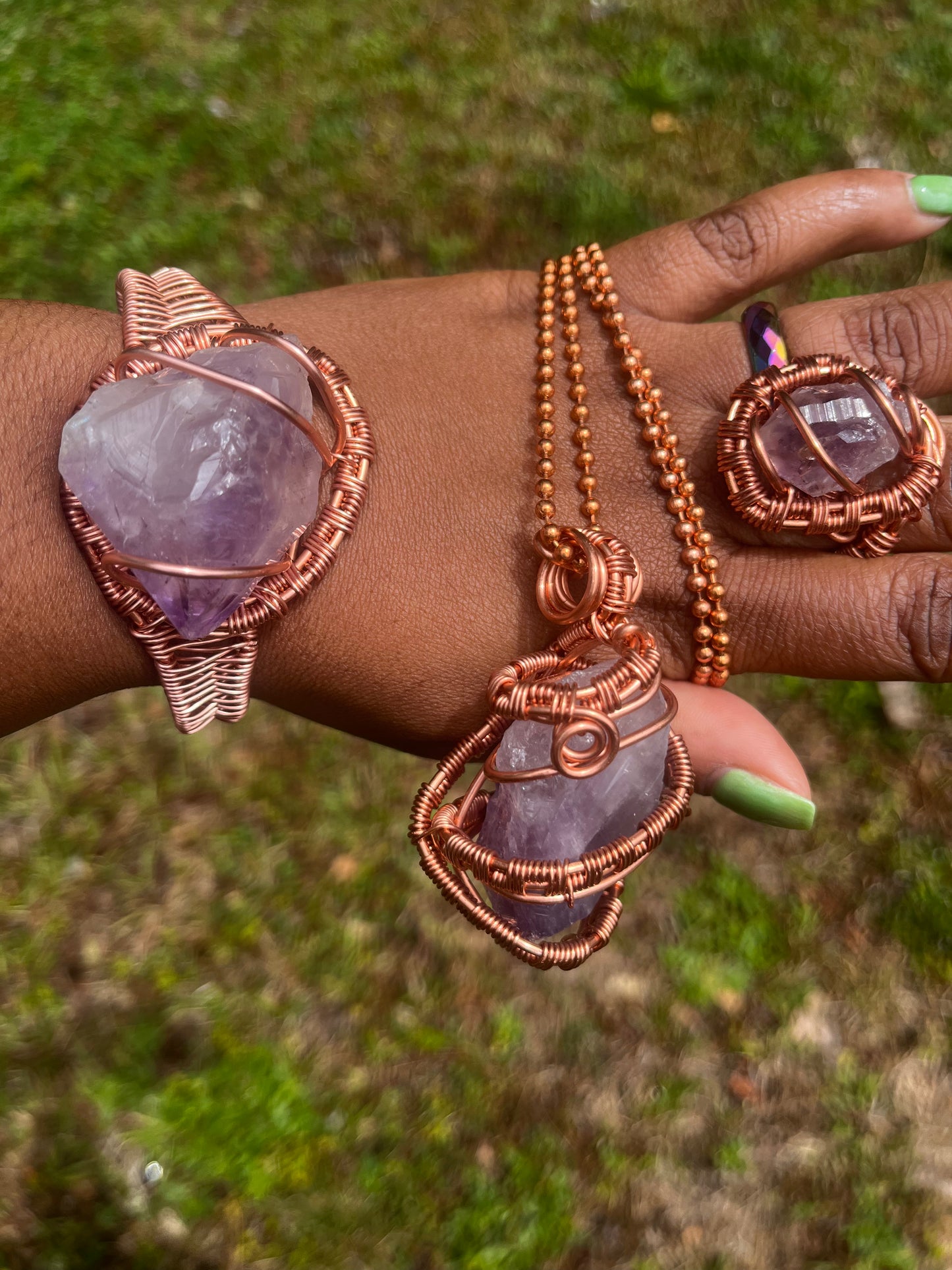 Copper Wrapped Amethyst Set/ Adjustable Ring and Bracelet