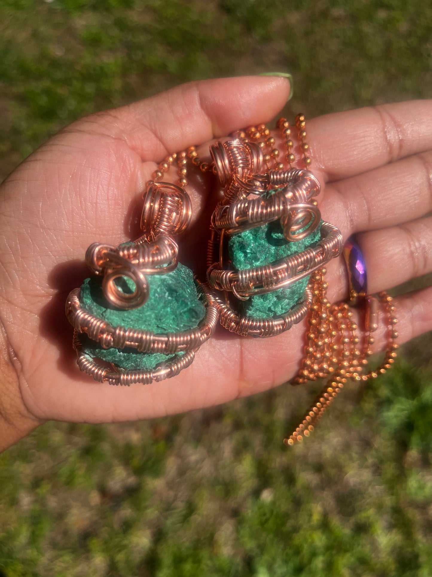 Copper Wrapped Raw Malachite Pendant/ Copper Ball Chain