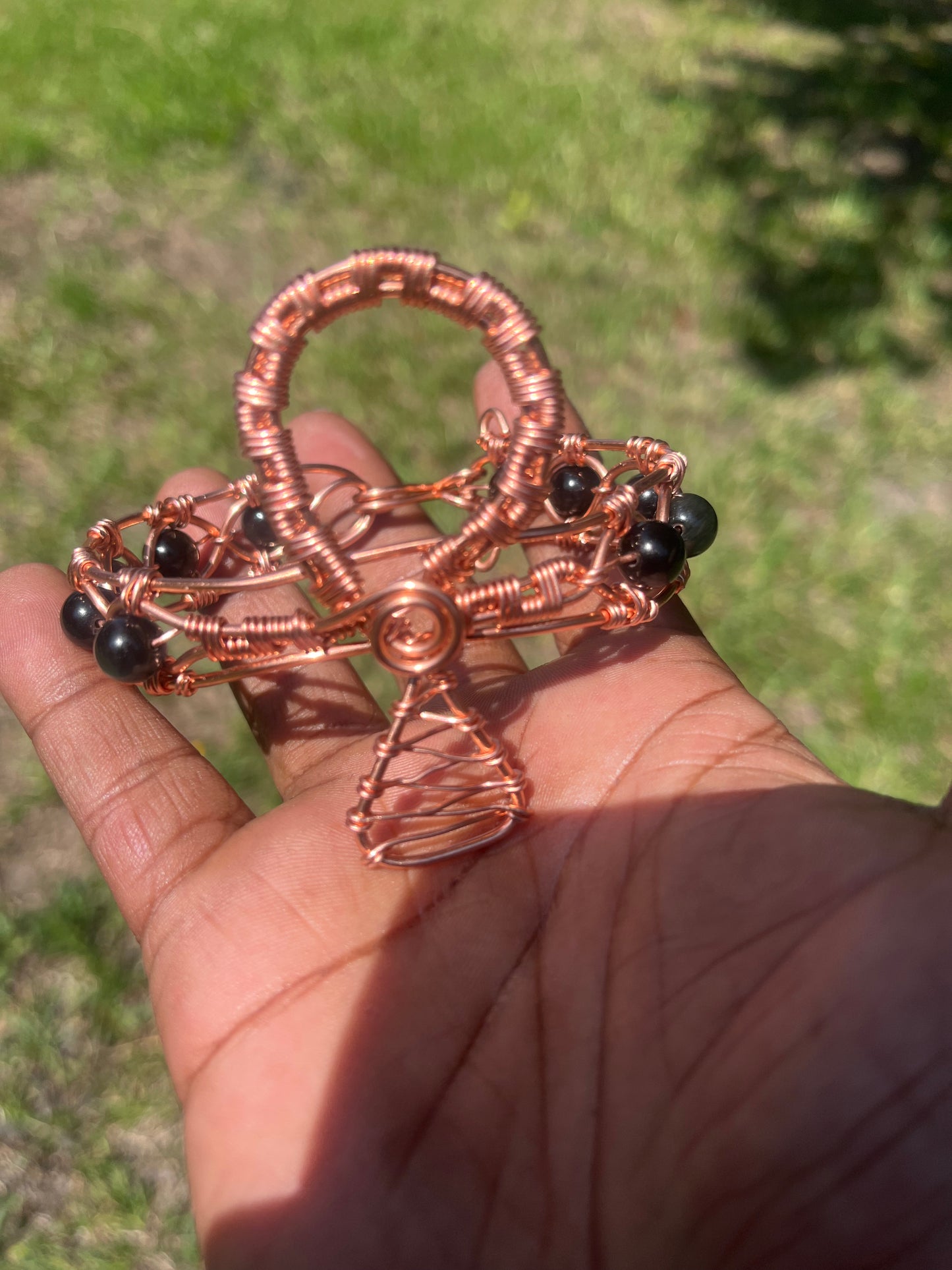 Copper Wrapped Gold Sheen Obsidian Ankh Bracelet/ Adjustable with Clasp