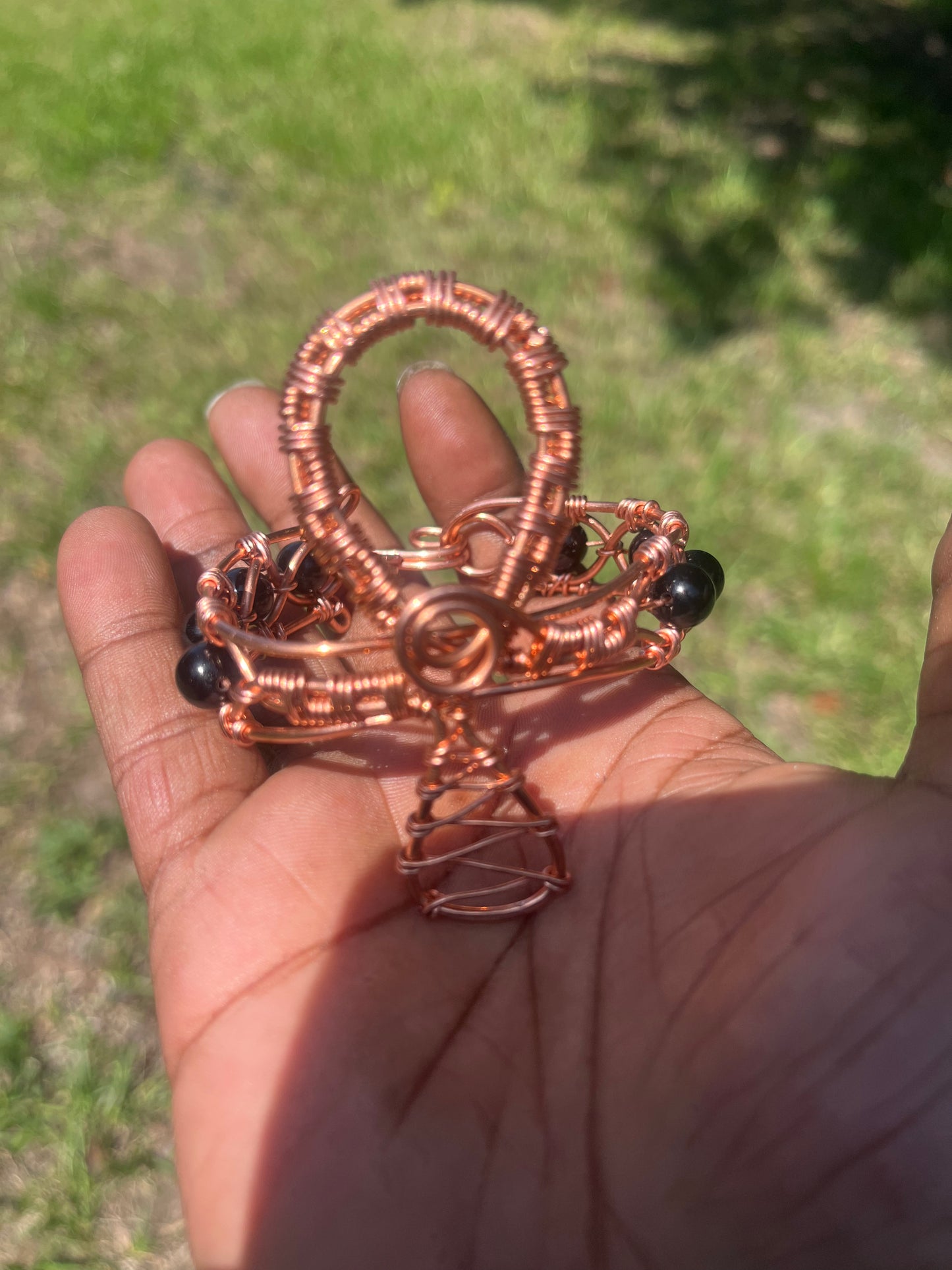 Copper Wrapped Black Obsidian Ankh Bracelet/ Adjustable with Clasp