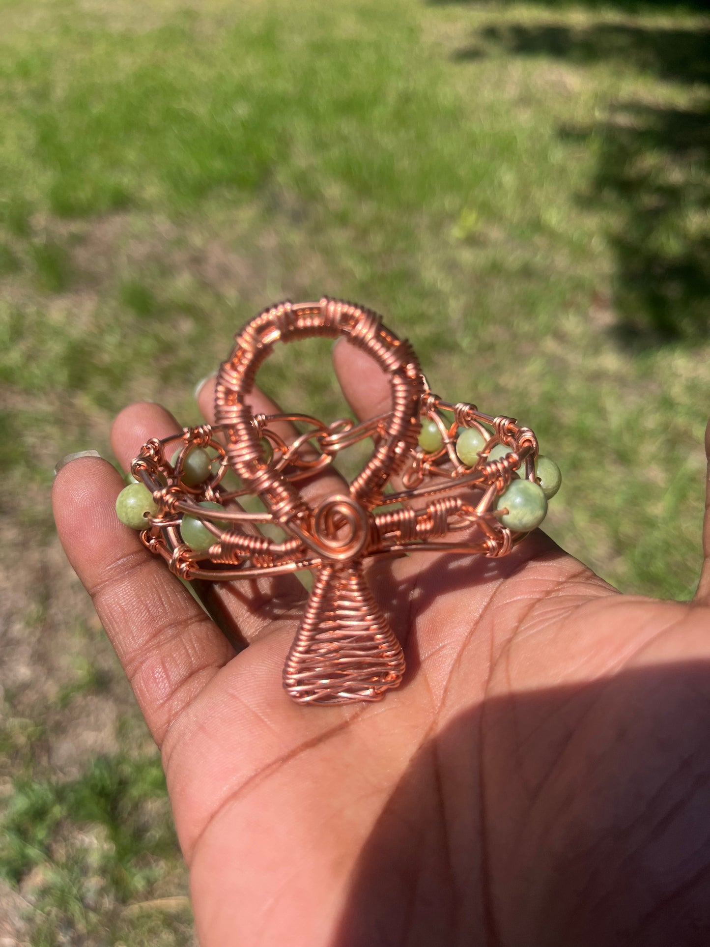 Copper Wrapped Jade Ankh Bracelet/ Adjustable with Clasp