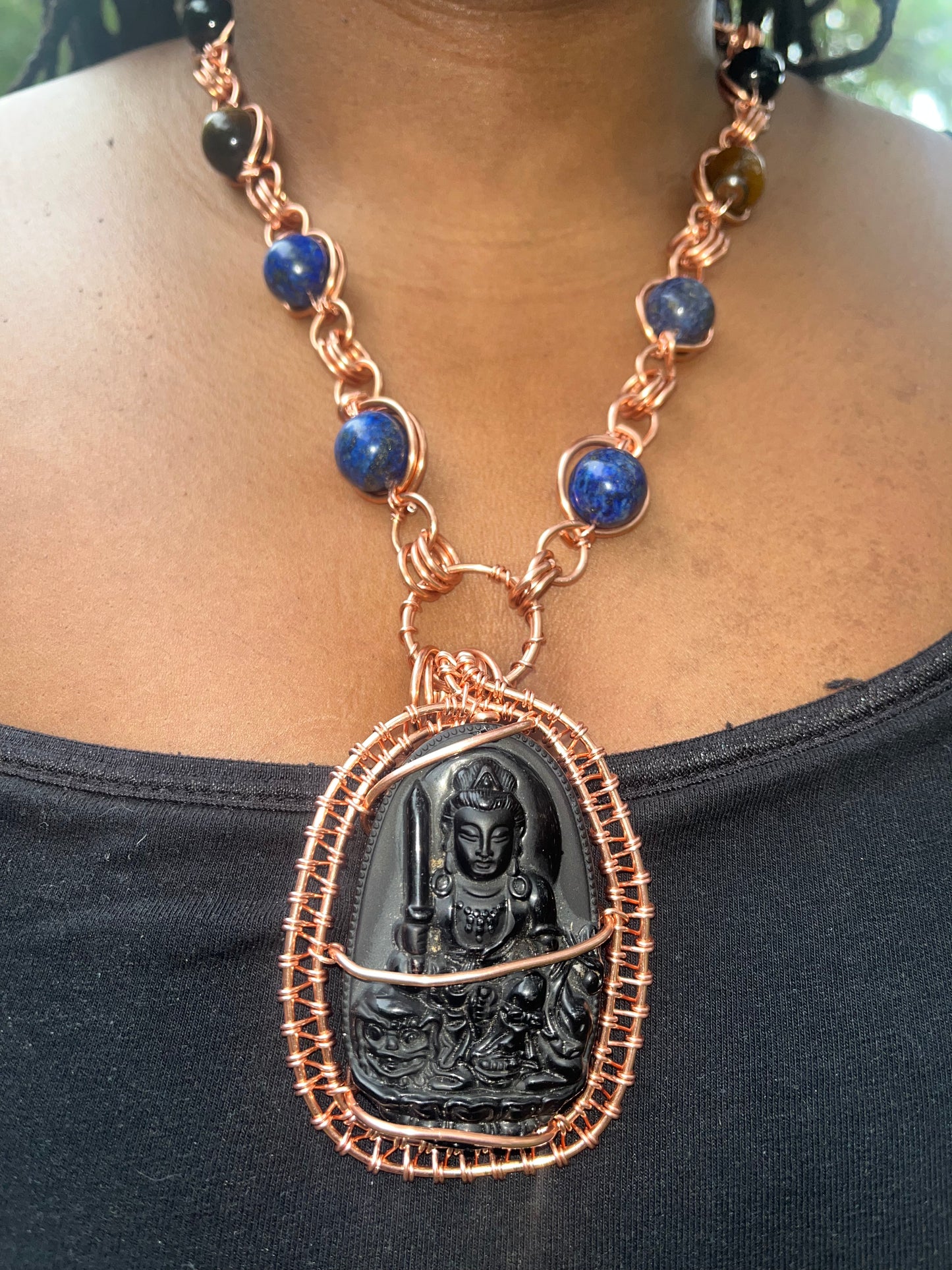 Copper Wrapped Black Obsidian Buddha Necklace/ With Bead Variety