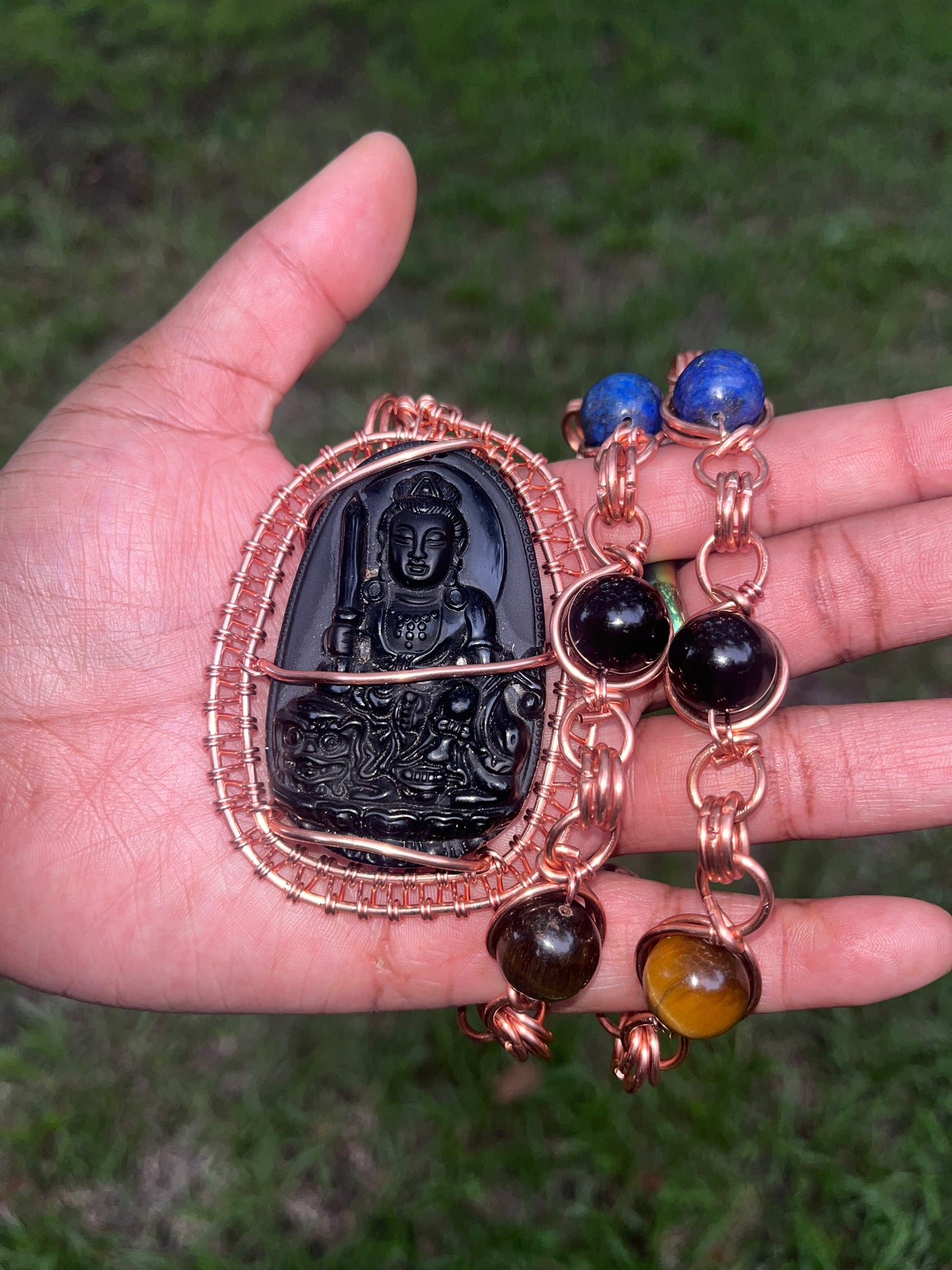 Copper Wrapped Black Obsidian Buddha Necklace/ With Bead Variety