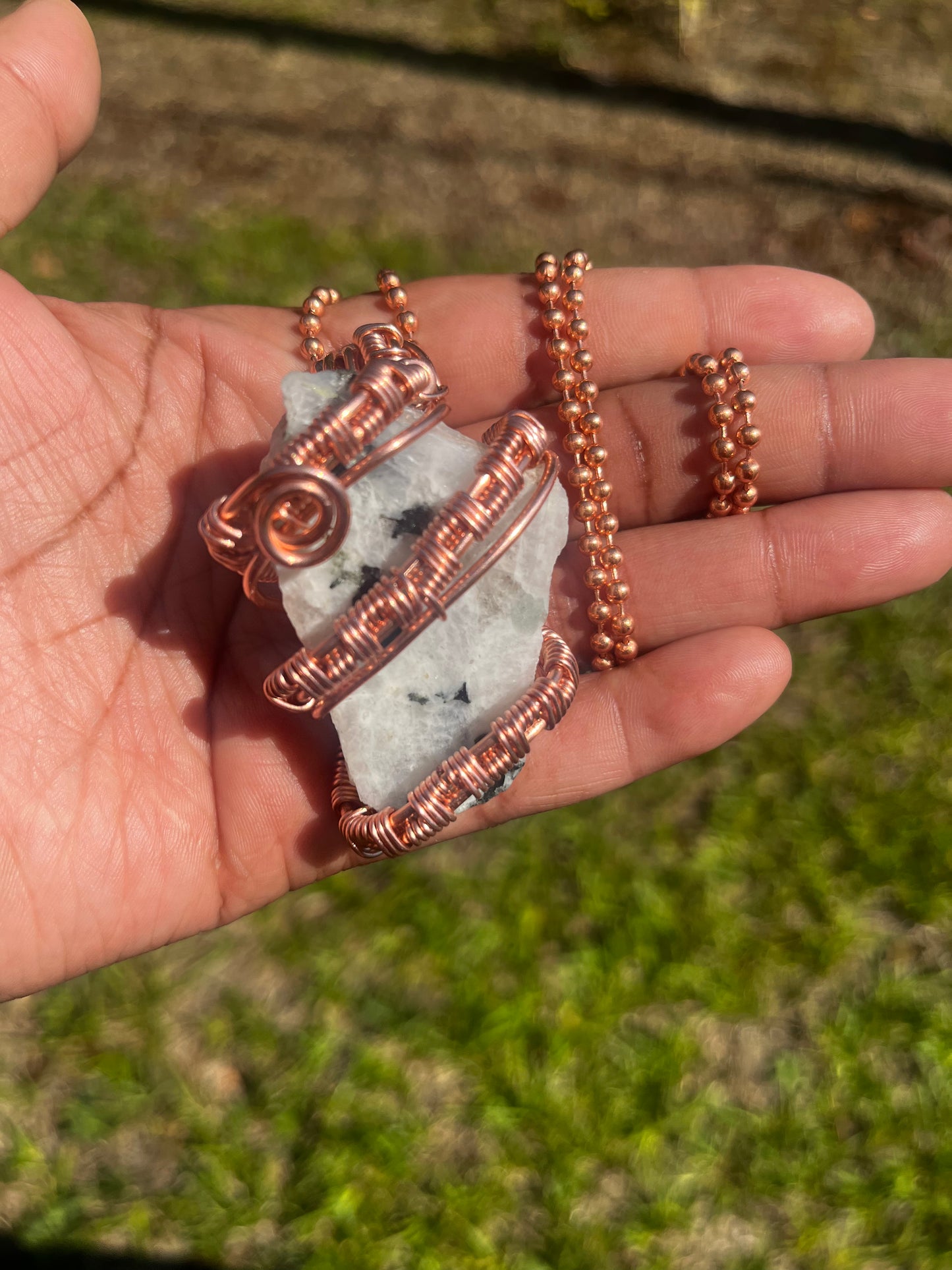 Copper Wrapped Raw Rainbow Moonstone Pendant/ Copper Ball Chain