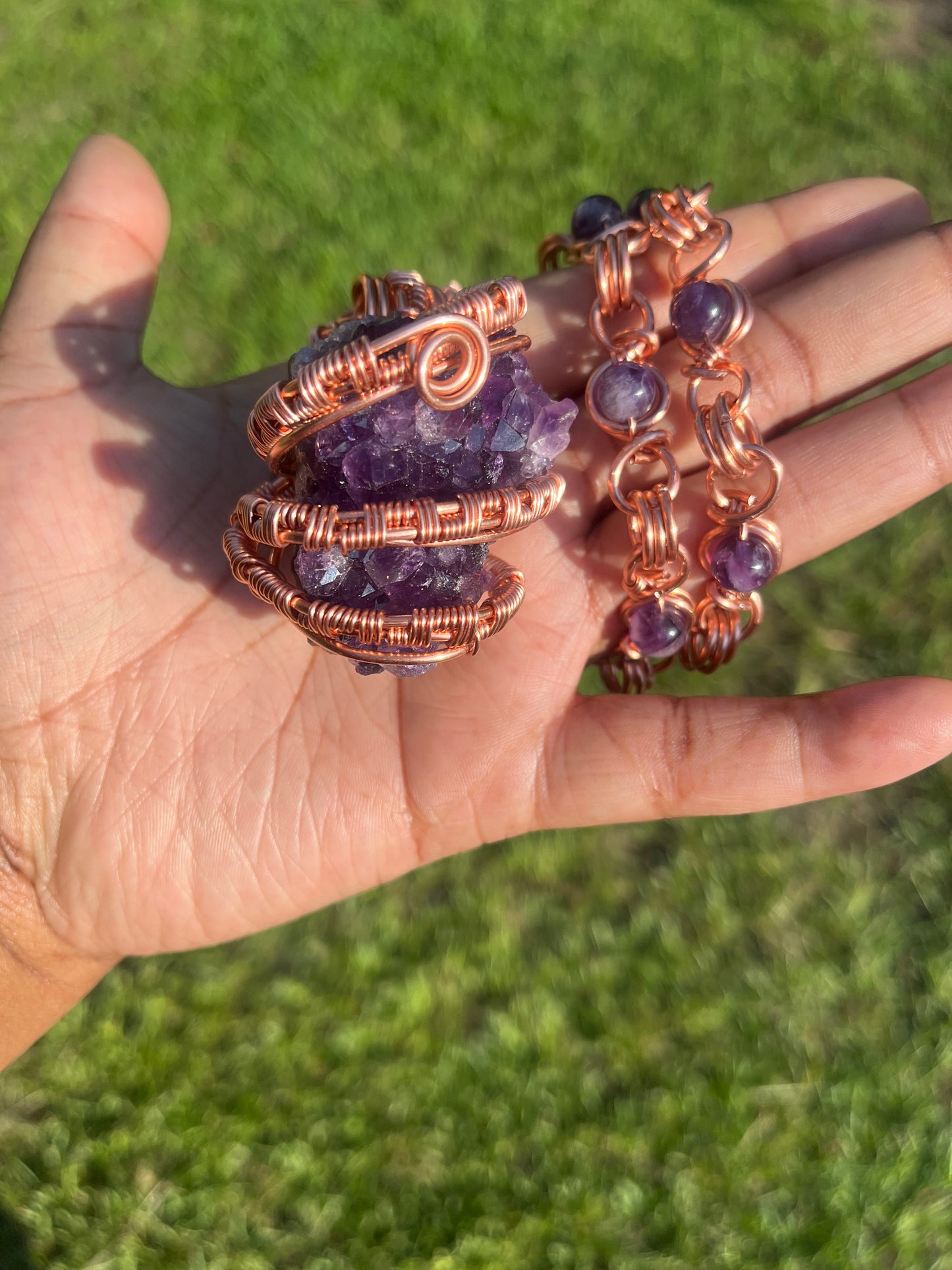 Copper Wrapped Amethyst Geode Necklace/ Amethyst Beads