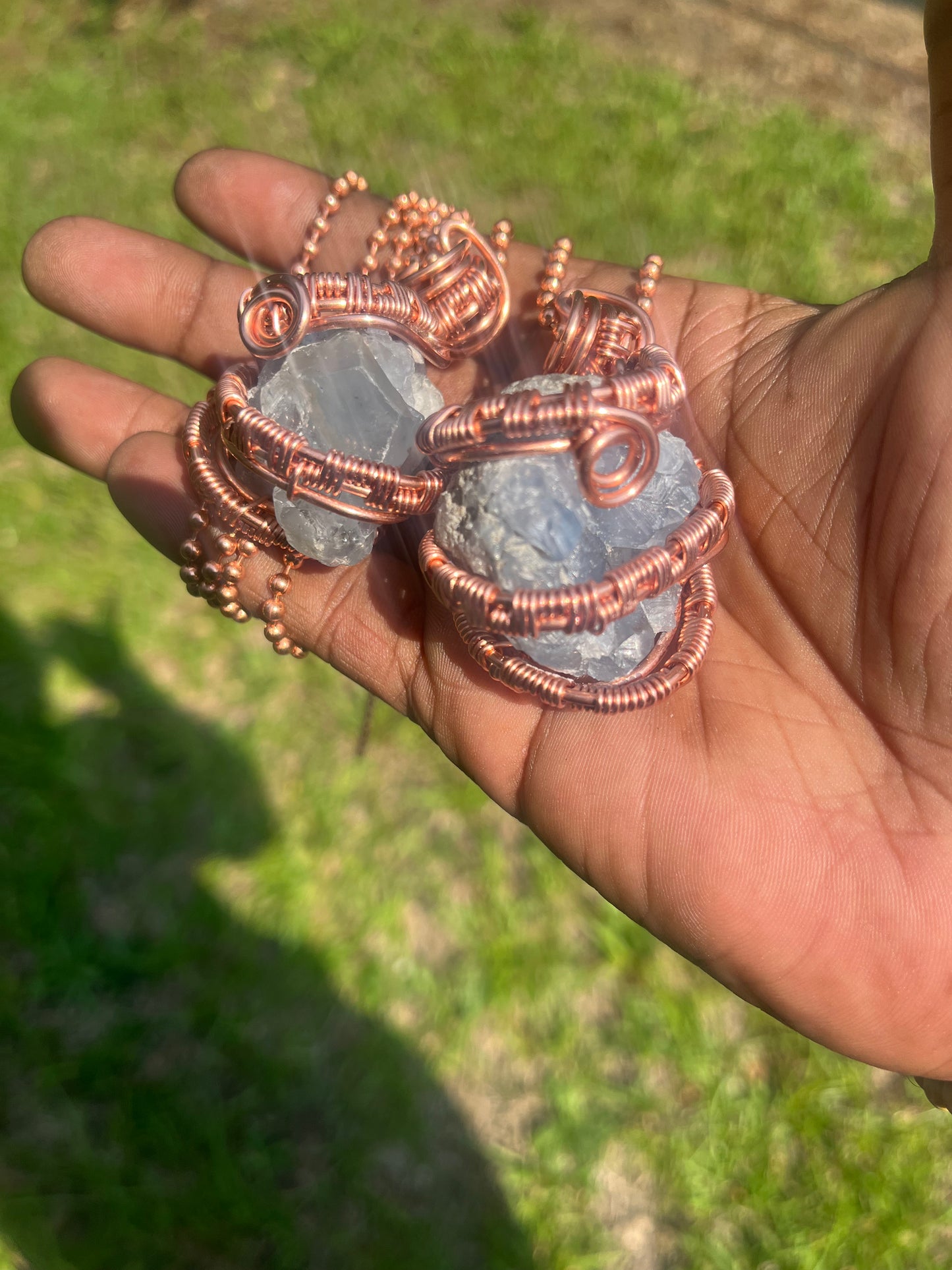 Copper Wrapped Celestite Pendant/ Copper Ball Chain