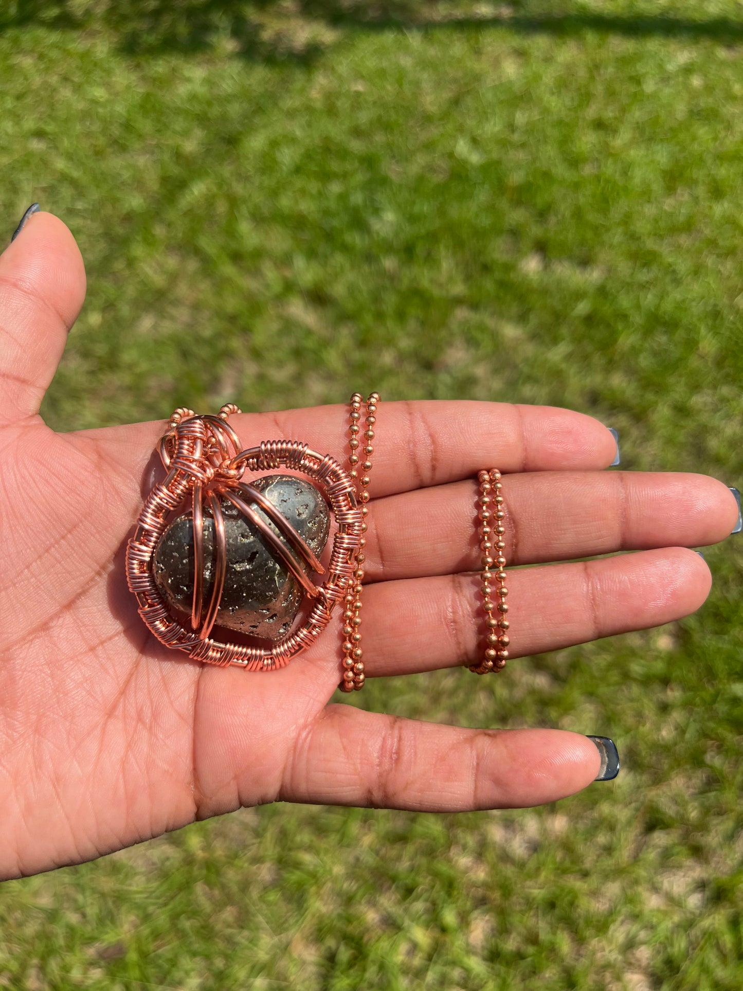 Copper Wrapped Heart Pyrite Pendant/ Copper Ball Chain
