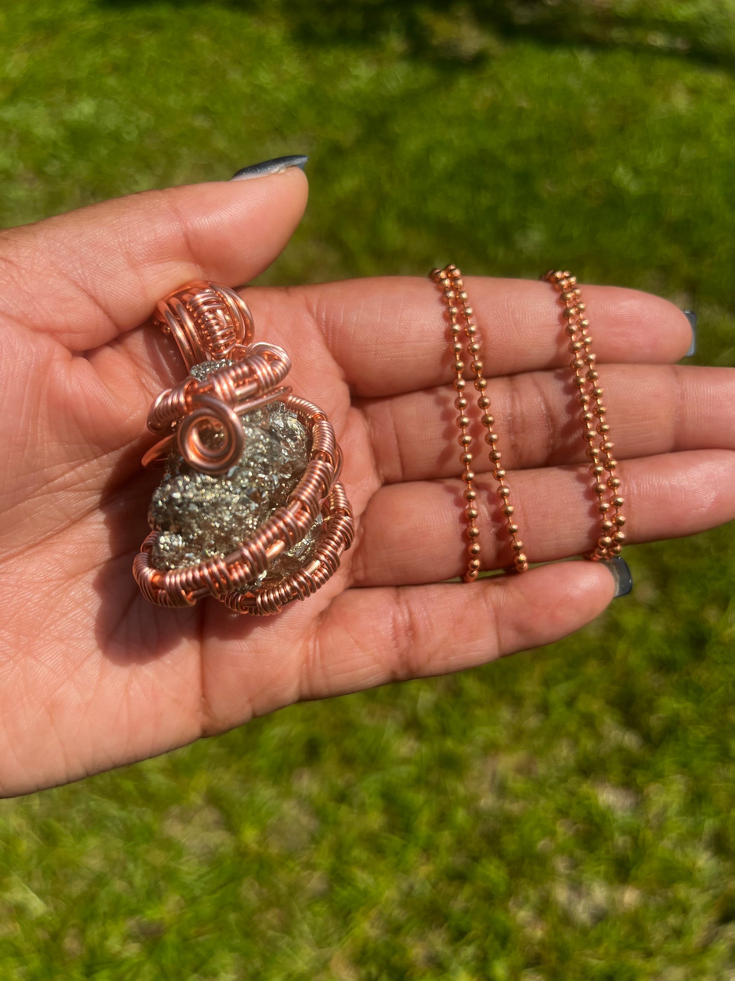 Copper Wrapped Pyrite Pendant/ Copper Ball Chain