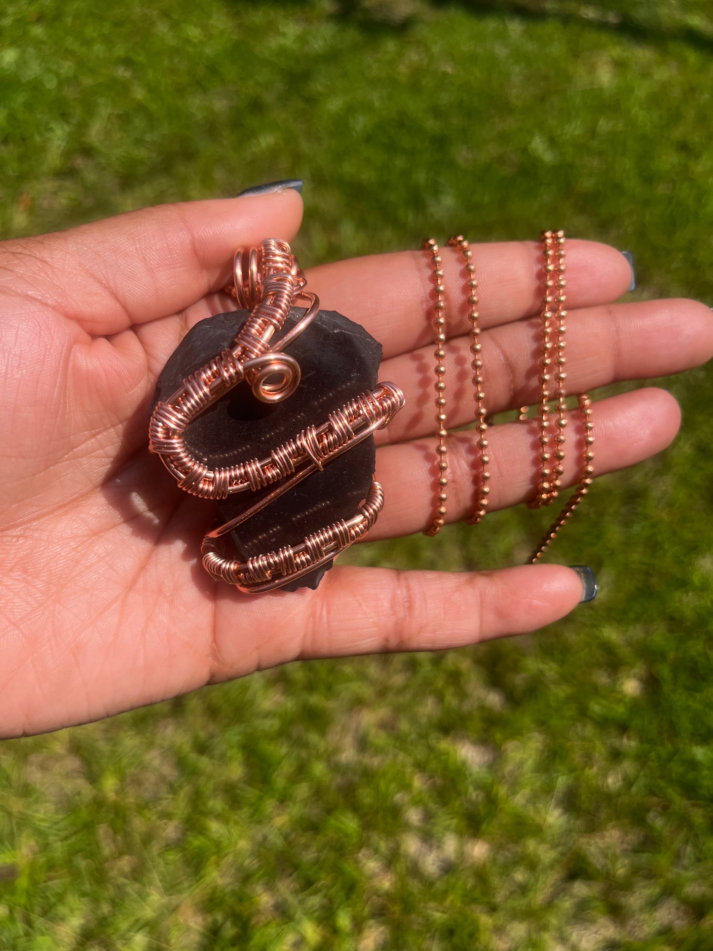 Copper Wrapped Shungite Pendant/ Copper Ball Chain