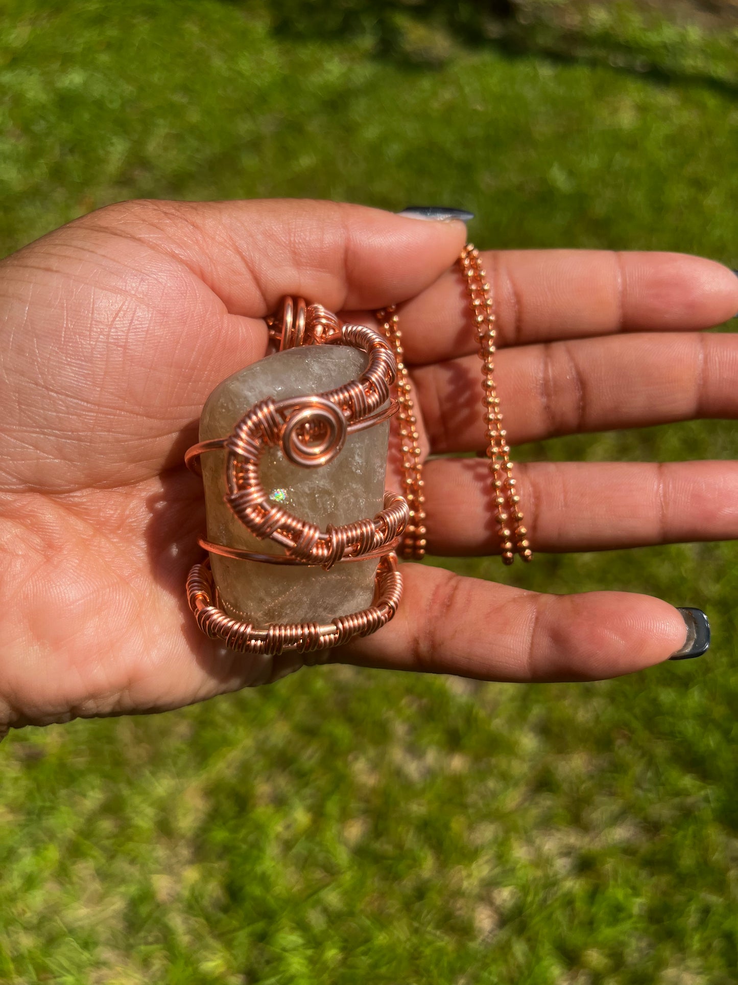 Copper Wrapped Moonstone Pendant/ Copper Ball Chain