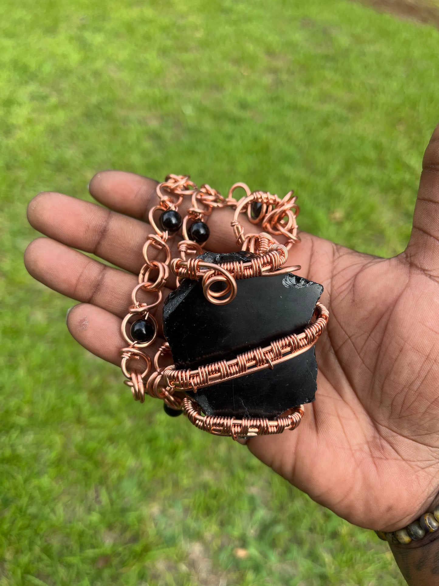 Copper Wrapped Black Obsidian Pendant/ Black Obsidian Bead Necklace