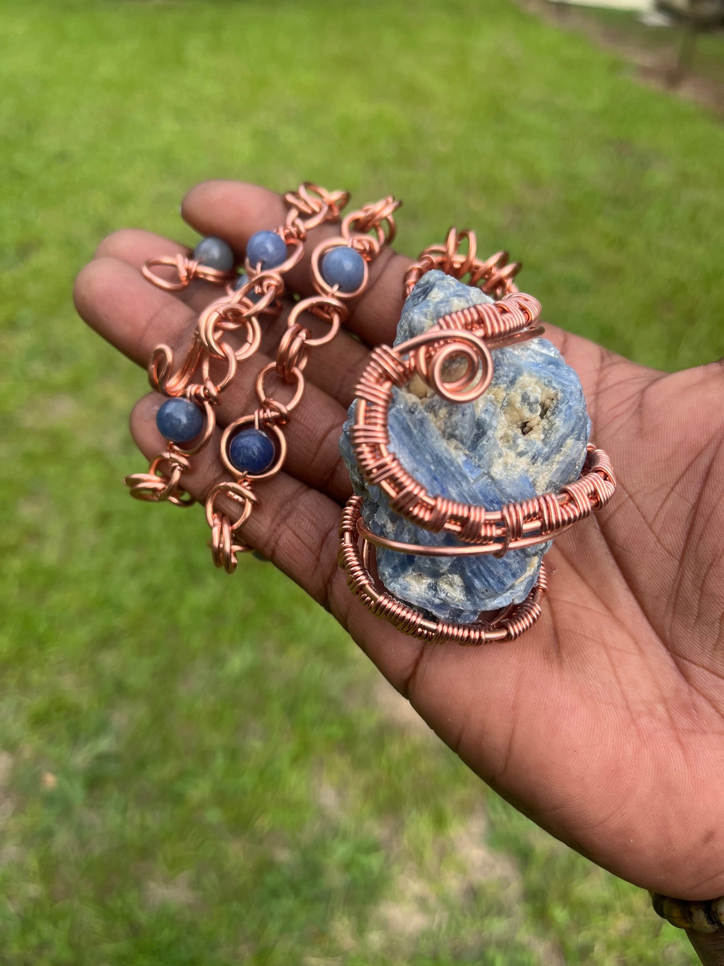 Copper Wrapped Blue Kyanite Chain/ Blue Aventurine Beads