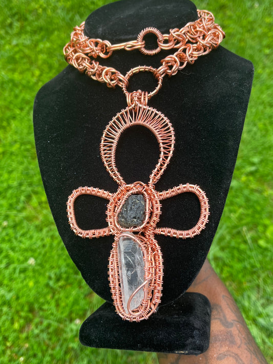 Moldavite/ Lemurian Quartz Ankh Chain