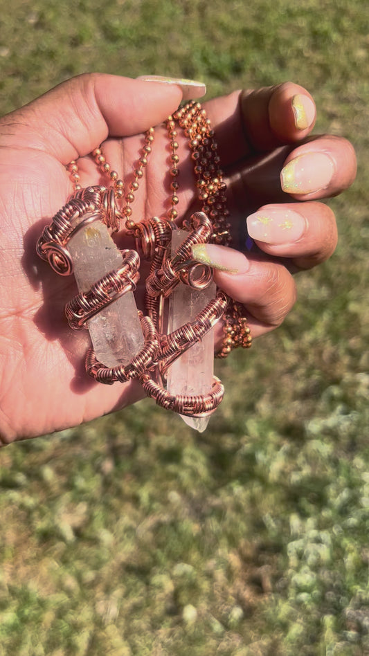 Copper Wrapped Clear Quartz Pendant/ Copper Ball Chain