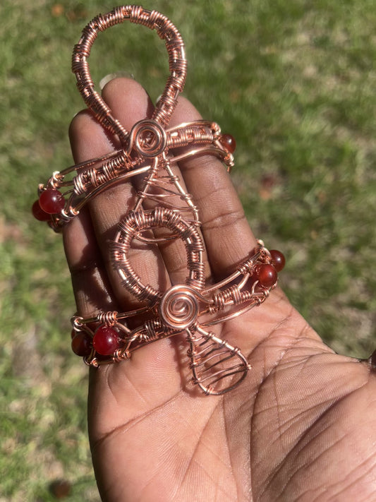 Copper Wrapped Carnelian Ankh Bracelet/ Adjustable with Clasp