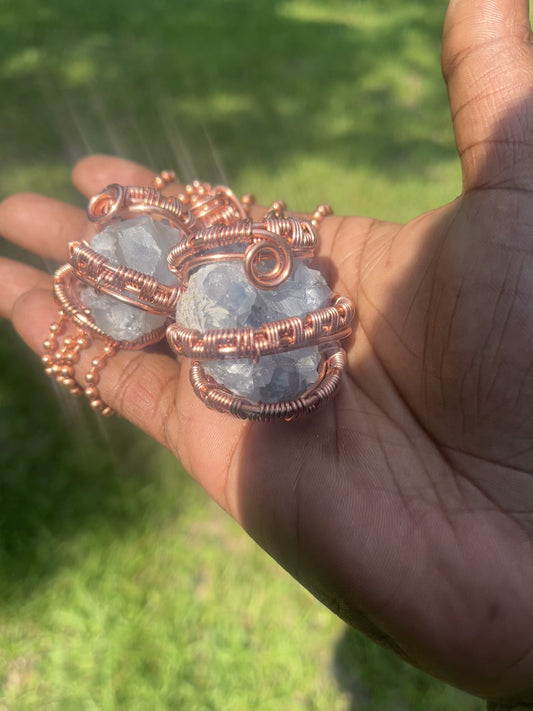 Copper Wrapped Celestite Pendant/ Copper Ball Chain