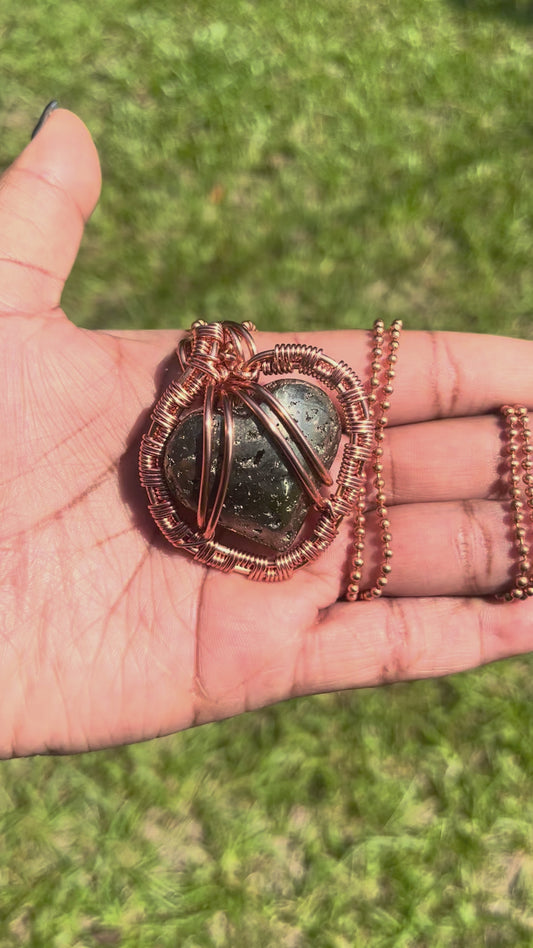 Copper Wrapped Heart Pyrite Pendant/ Copper Ball Chain