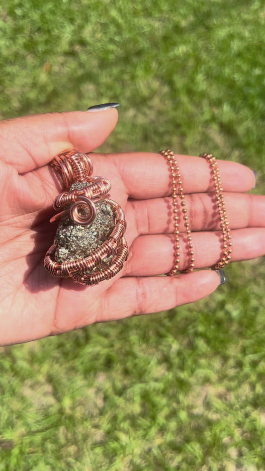 Copper Wrapped Pyrite Pendant/ Copper Ball Chain