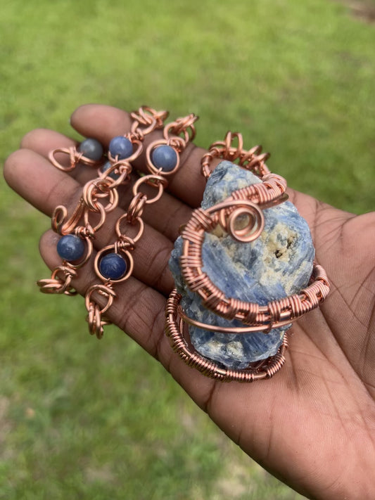 Copper Wrapped Blue Kyanite Chain/ Blue Aventurine Beads
