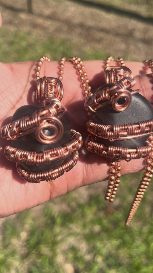 Copper Wrapped Shungite Pendant/ Copper Ball Chain
