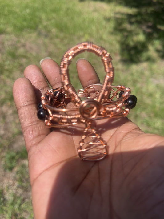 Copper Wrapped Black Obsidian Ankh Bracelet/ Adjustable with Clasp