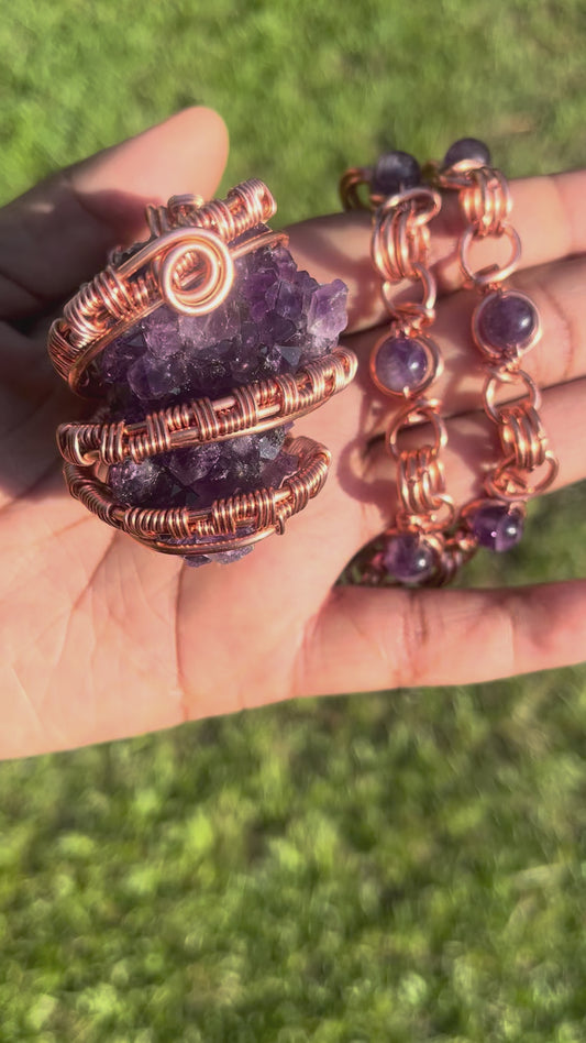 Copper Wrapped Amethyst Geode Necklace/ Amethyst Beads