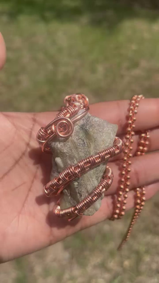 Copper Wrapped Green Tourmaline Pendant/ Copper Ball Chain
