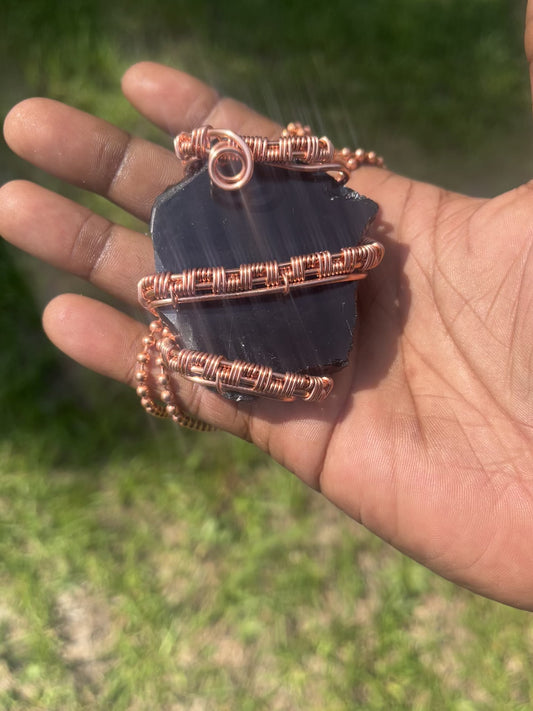 Copper Wrapped Black Obsidian Pendant/ Copper Ball Chain